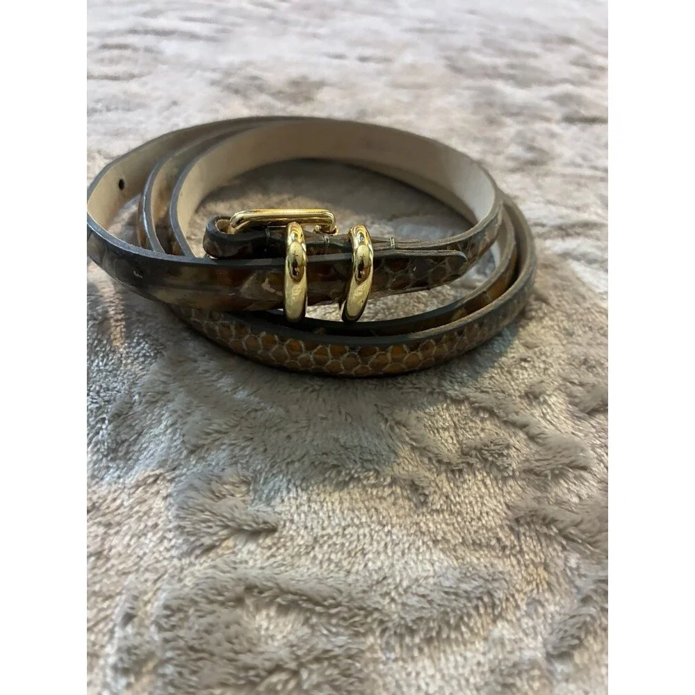 Tre Vero Snake Print Leather Belt Brown /gray Skinny Shinny Gold Hardware